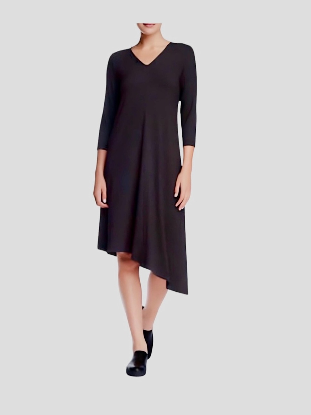 Eileen Fisher Black Dress- Lightweight Asymmetrical Midi Dress 3/4 Sleeve- Large